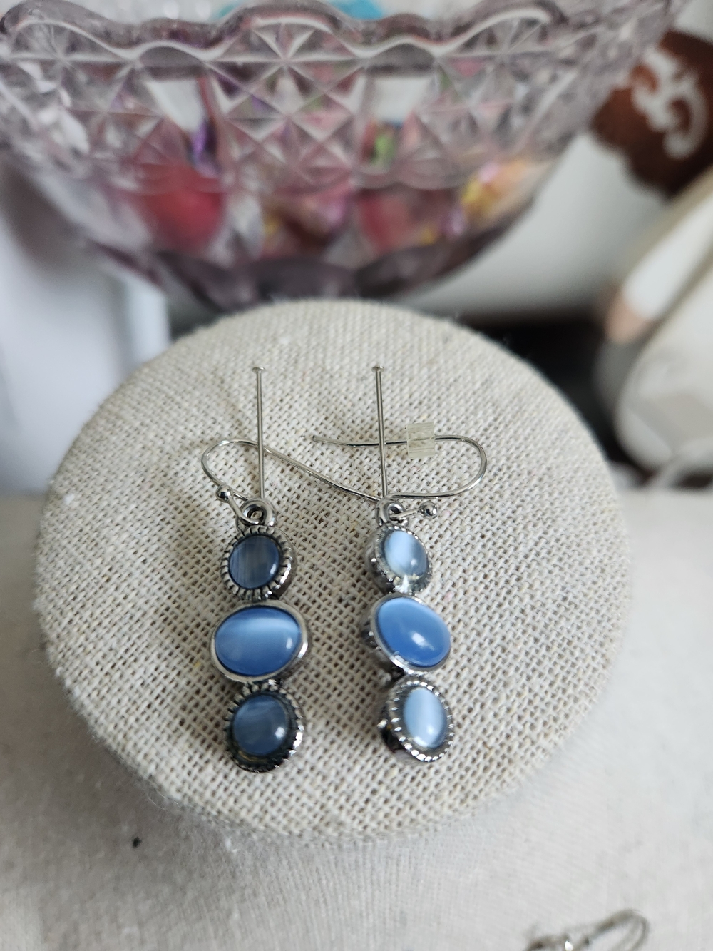 Blue Triple-Stone Drop Earrings - Elegant Women's Jewelry - Picture 2 of 2